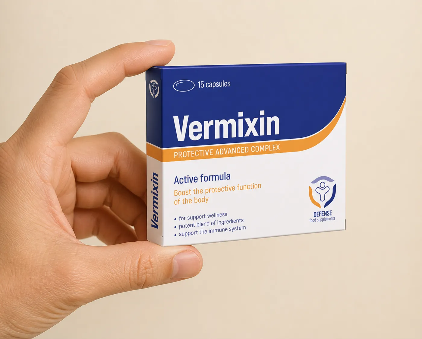 Vermixin — opakowanie w dłoni
