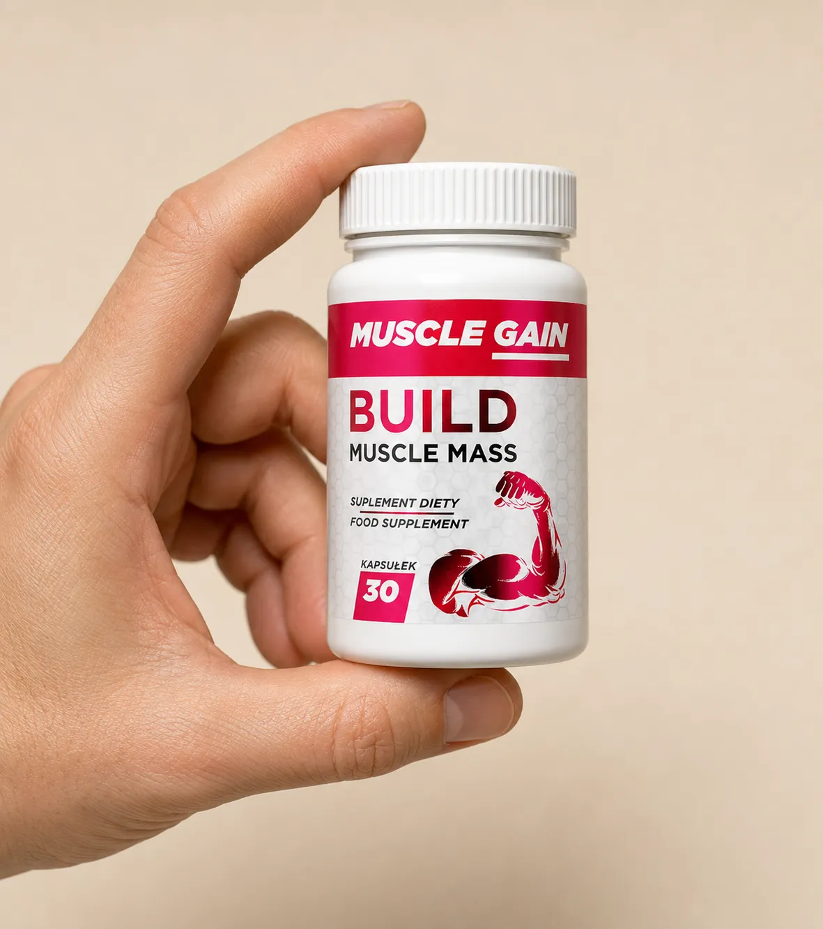 Muscle Gain — opakowanie w dłoni