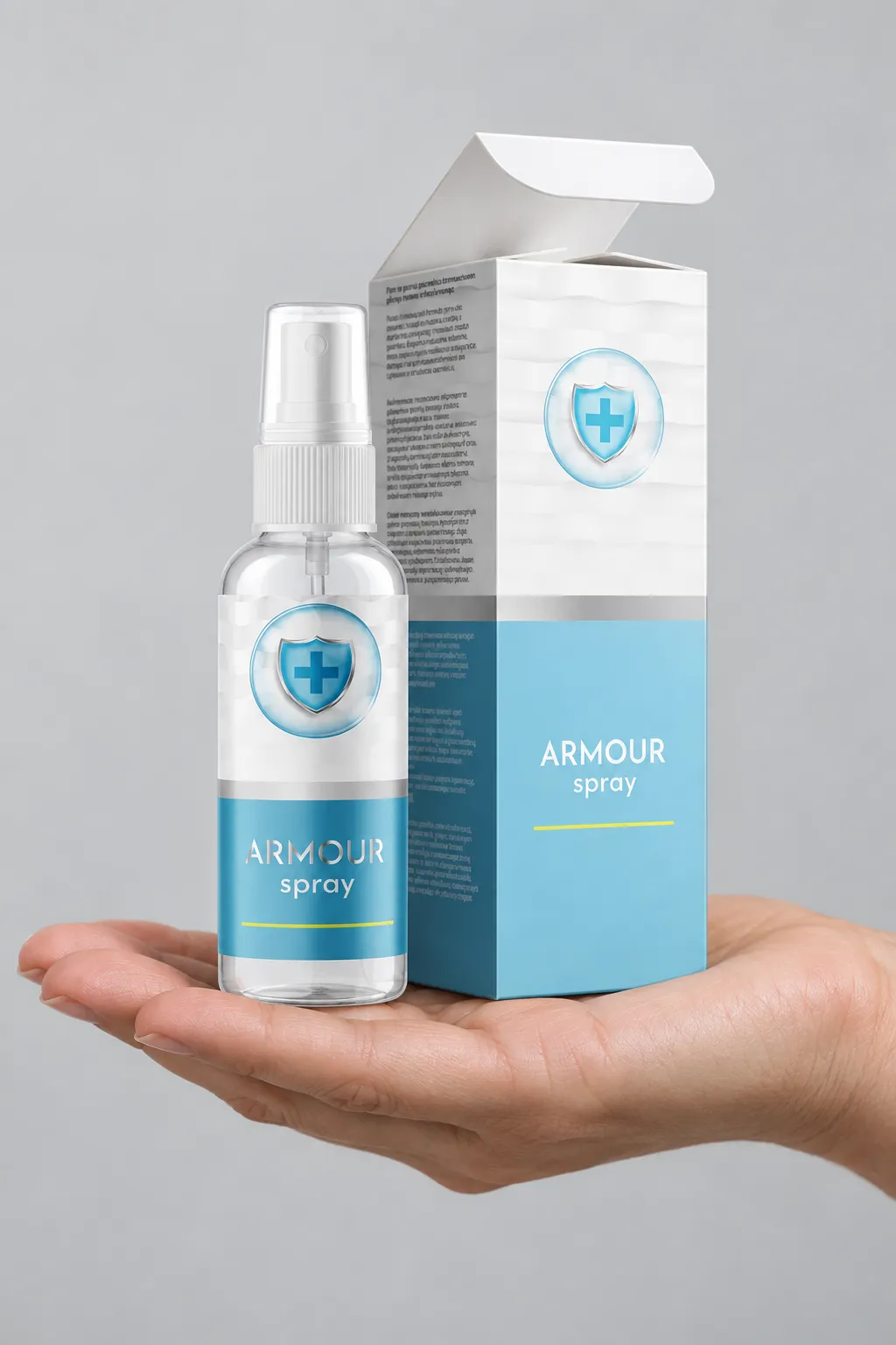 Armour Spray — opakowanie w dłoni